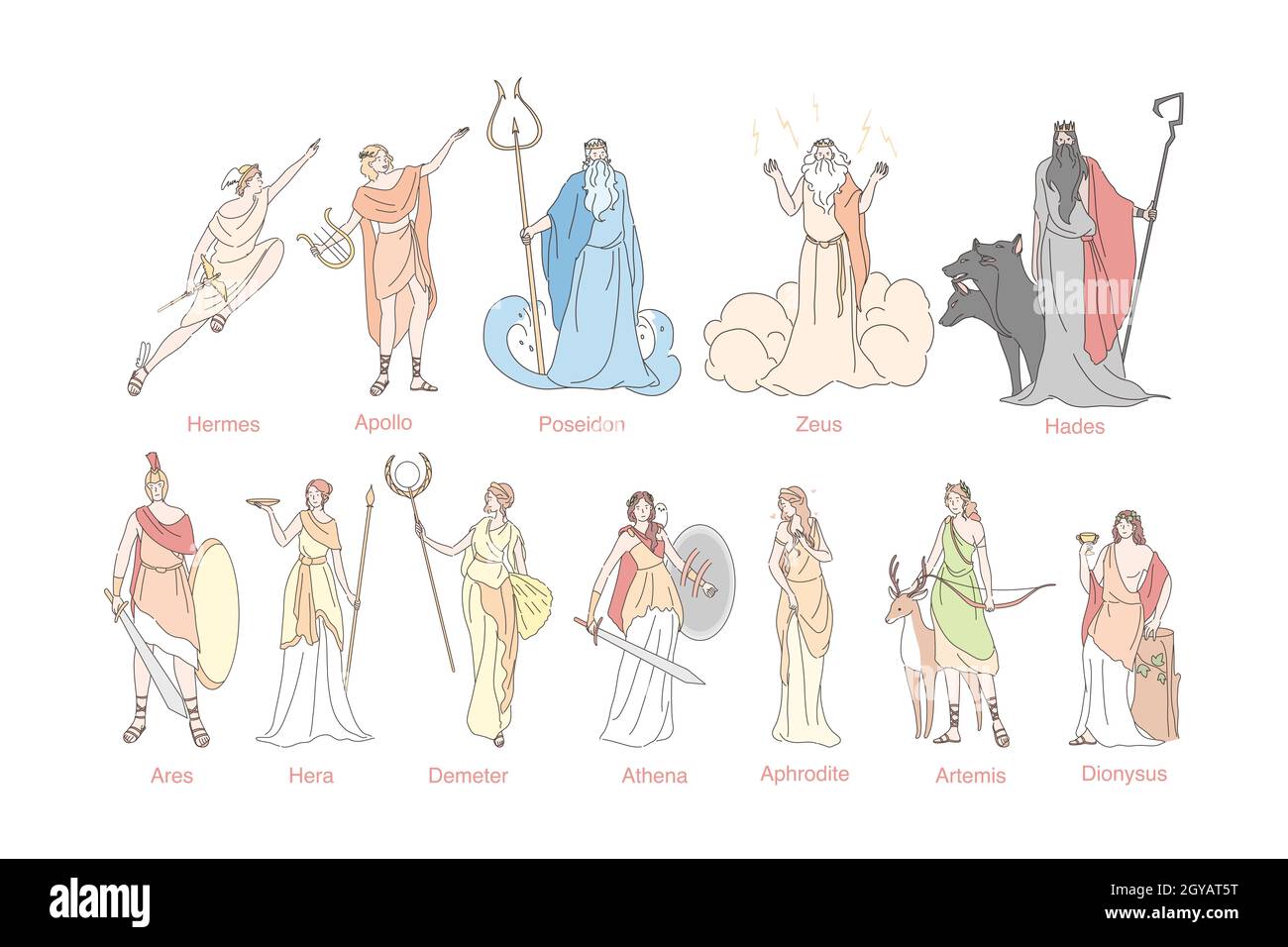 Los dioses griegos antiguos establecen el concepto. Dios panteón en Grecia Hermes, Apolo, Poseidón, Zeus, Hades, Ares, Hera, Demeter, Atenea, Afrodita, Artemisa y Dion Foto de stock