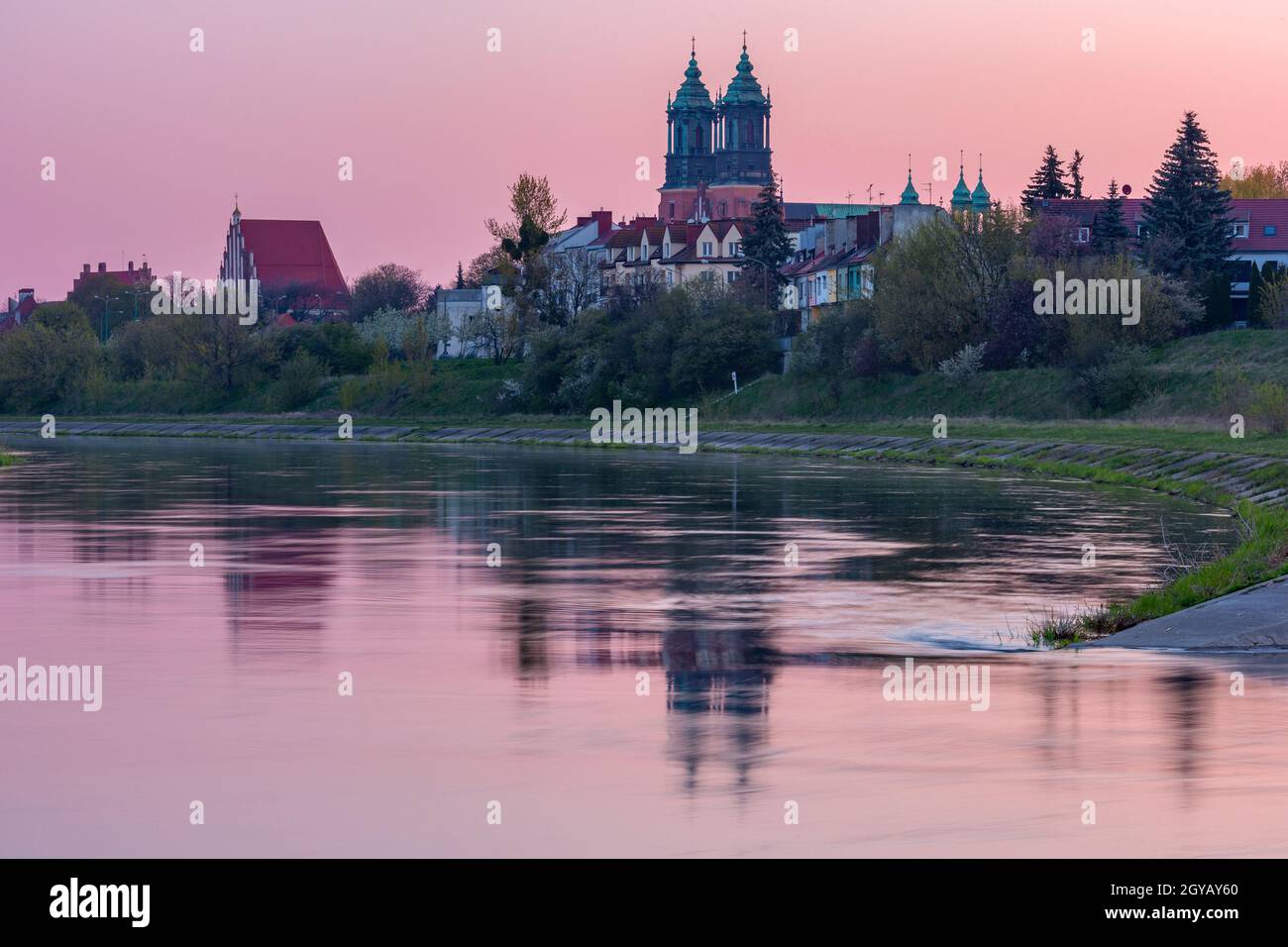 Catedral de Poznan en la isla de Ostrow Tumski y el río Warta al amanecer rosa, Poznan, Polonia. Foto de stock