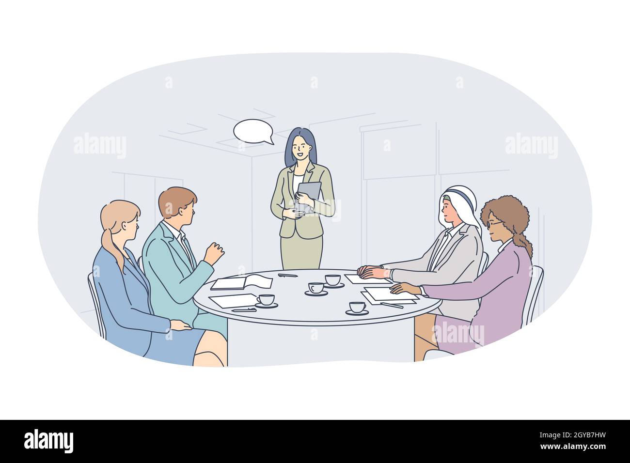 Trabajo en equipo, cooperación, concepto de asociación internacional. Jóvenes negocios trabajadores de oficina asociados dibujos animados personajes multiétnicos discusión de grupo Fotografía de stock - Alamy Trabajo en equipo, cooperación, concepto de asociación internacional. Jóvenes negocios trabajadores de oficina asociados dibujos animados personajes multiétnicos discusión de grupo Fotografía de stock - Alamy