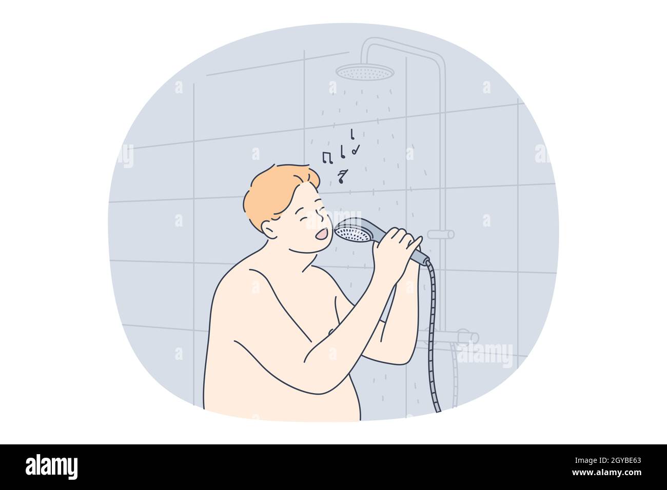 Escuchar música, cantar, concepto de recreación. Hombre sonriente usando la  ducha como micrófono y cantando en el baño. Amante de la música, melodía,  canción, afición Fotografía de stock - Alamy