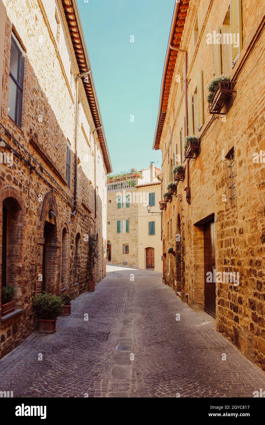 Pienza, en la provincia de Siena, en el Val d'Orcia en Toscana (centro de Italia), entre las ciudades de Montepulciano y Montalcino Foto de stock