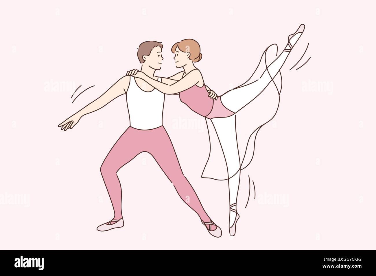 Bailarinas de ballet clásico y concepto de arte. Joven pareja sonriente personajes de dibujos animados en el uso clásico tradicional para bailar de pie en posición de baile Fotografía de stock - Bailarinas de ballet clásico y concepto de arte. Joven pareja sonriente personajes de dibujos animados en el uso clásico tradicional para bailar de pie en posición de baile Fotografía de stock -