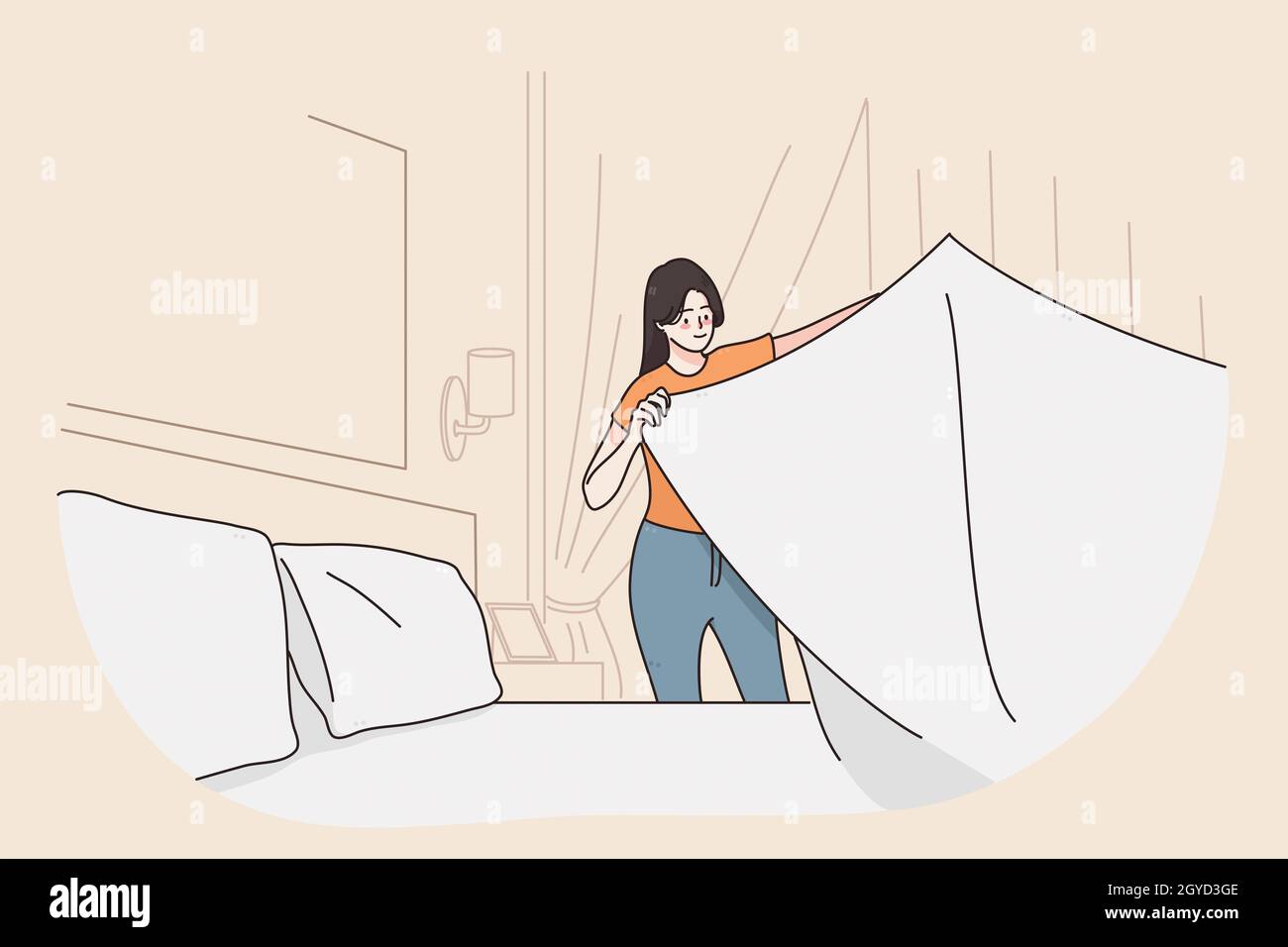 Día de lavandería y limpieza concept.Young sonriente feliz mujer caricatura  personaje de pie sosteniendo una sábana blanca limpia en la sala de  ilustración vectorial Fotografía de stock - Alamy