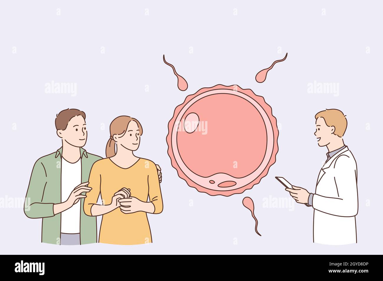 Reproducción humana, concepto de planificación infantil. Jóvenes positivos pareja amorosa personajes de dibujos animados de pie consultando a médico reproductivo para la paternidad Fotografía de stock - Alamy Reproducción humana, concepto de planificación infantil. Jóvenes positivos pareja amorosa personajes de dibujos animados de pie consultando a médico reproductivo para la paternidad Fotografía de stock - Alamy