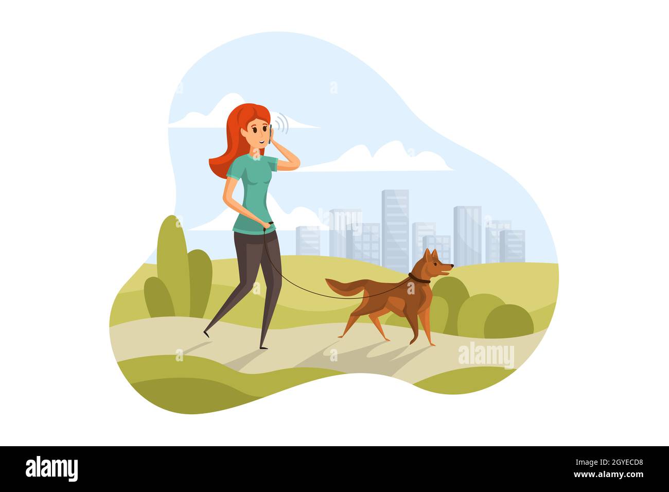 Comunicación, tecnología, atención sanitaria, concepto de caminar. Joven feliz mujer o chica personaje de dibujos animados pasear con perro mascota en el parque al aire libre hablando Fotografía de stock - Alamy Comunicación, tecnología, atención sanitaria, concepto de caminar. Joven feliz mujer o chica personaje de dibujos animados pasear con perro mascota en el parque al aire libre hablando Fotografía de stock - Alamy