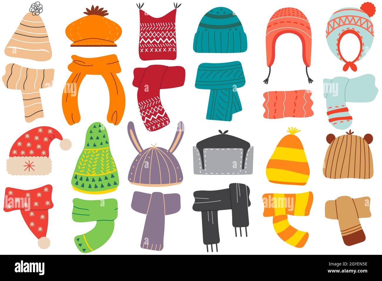Sombreros de invierno. Colección de prendas de vestir de algodón de lana  para colorear con gorro y bufanda otoñales para niños. Ropa de otoño y acce  de punto infantil Fotografía de stock -