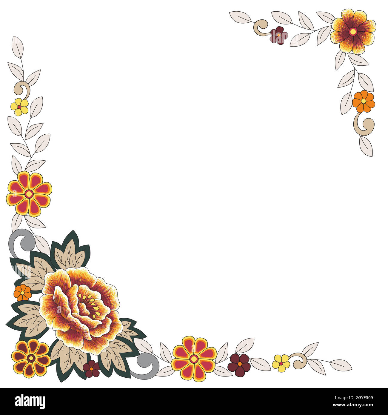 Plantilla de vector cuadrado para tarjeta de felicitación, invitación o postal con elementos florales ornamentales de colores en las esquinas. Flores estilo folk y dejar Ilustración del Vector