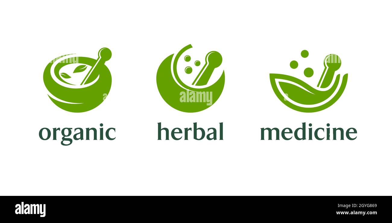 Cuenco iconos aislados con pedestales, hojas y semillas sobre fondo blanco. Conjunto de logotipo de medicina herbaria orgánica. Ilustración del Vector