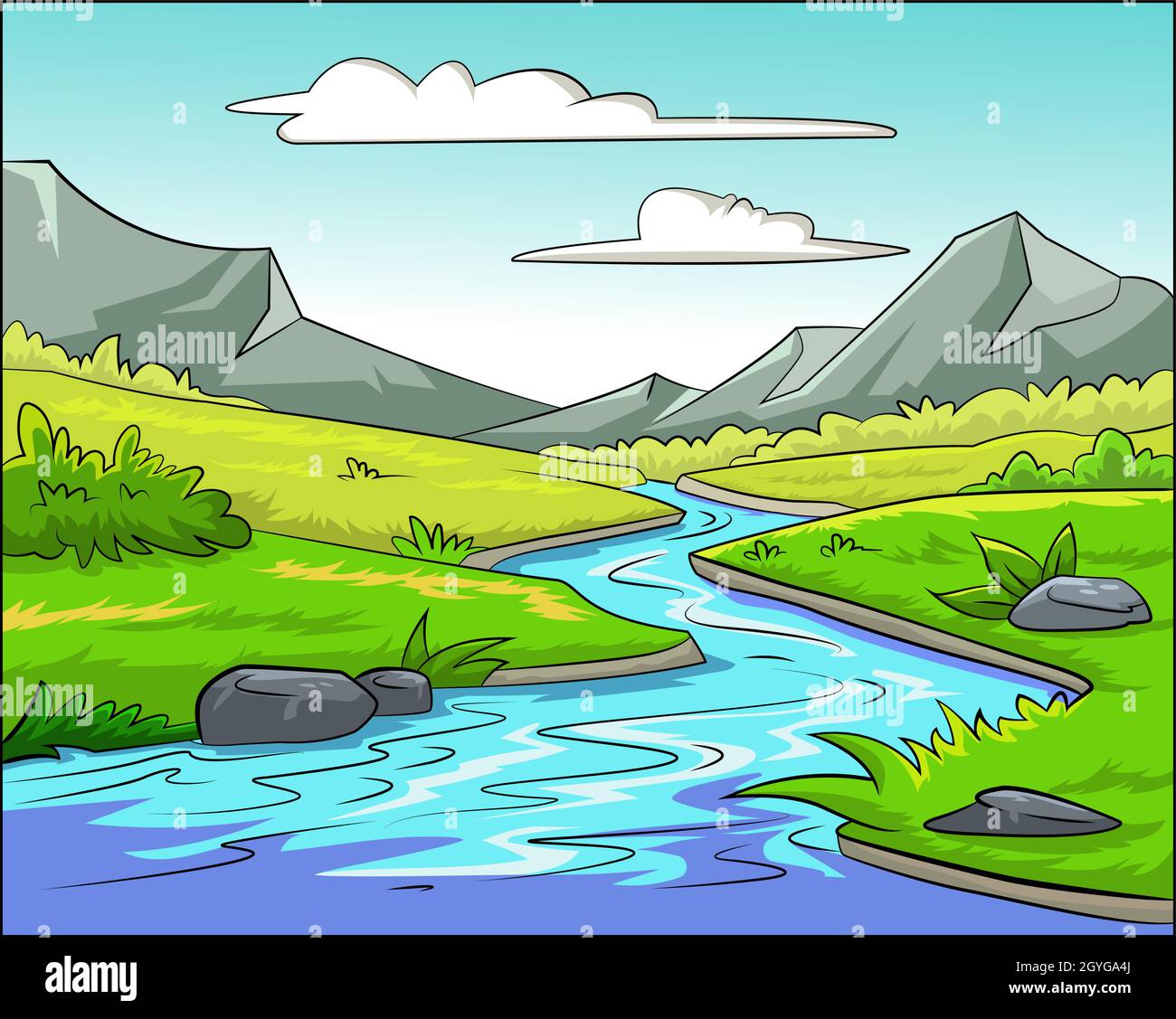 Ilustración de un vector de dibujos animados de una escena del valle del río  Imagen Vector de stock - Alamy