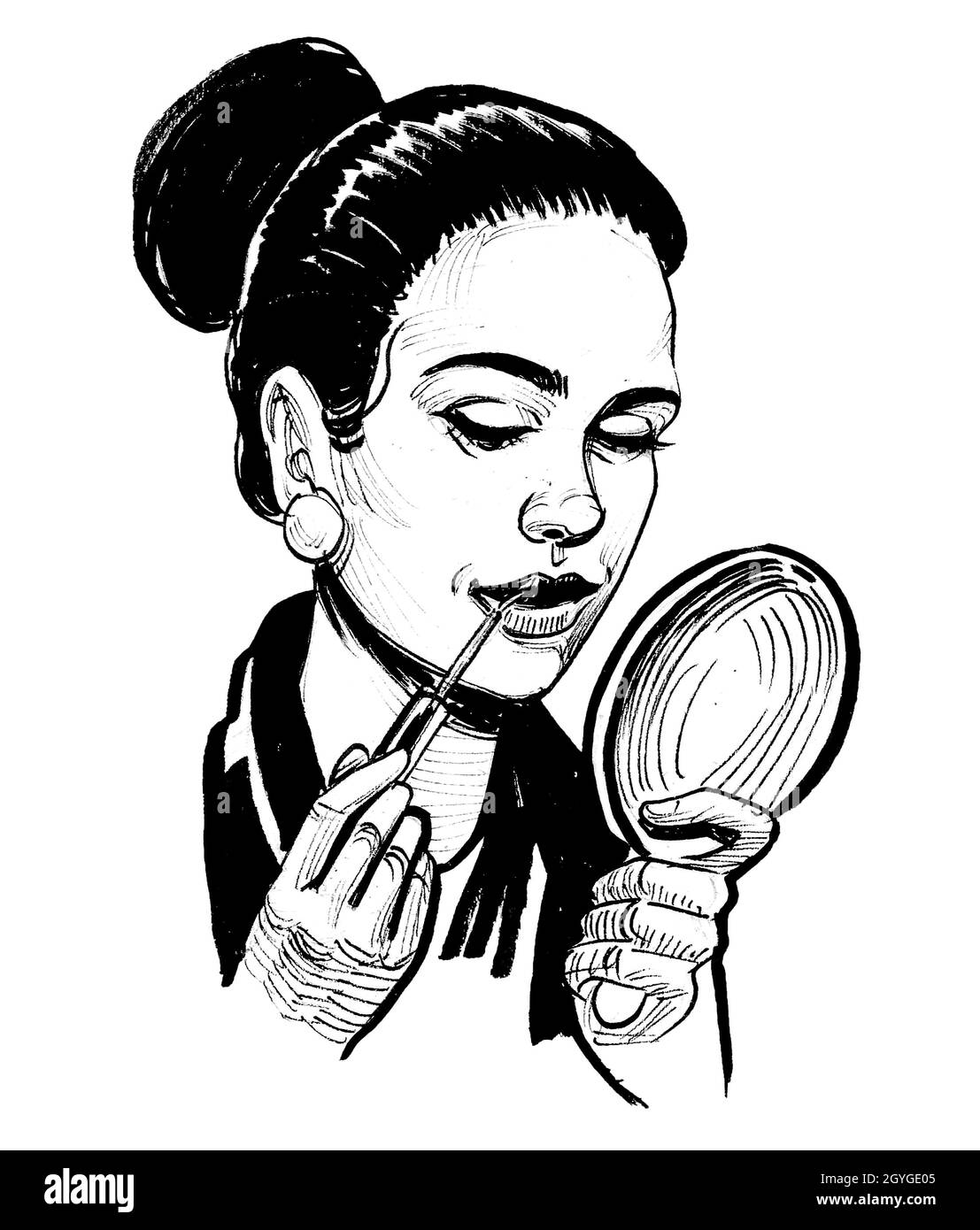 Mujer bonita con lápiz labial y espejo. Dibujo de tinta en blanco y negro  Fotografía de stock - Alamy