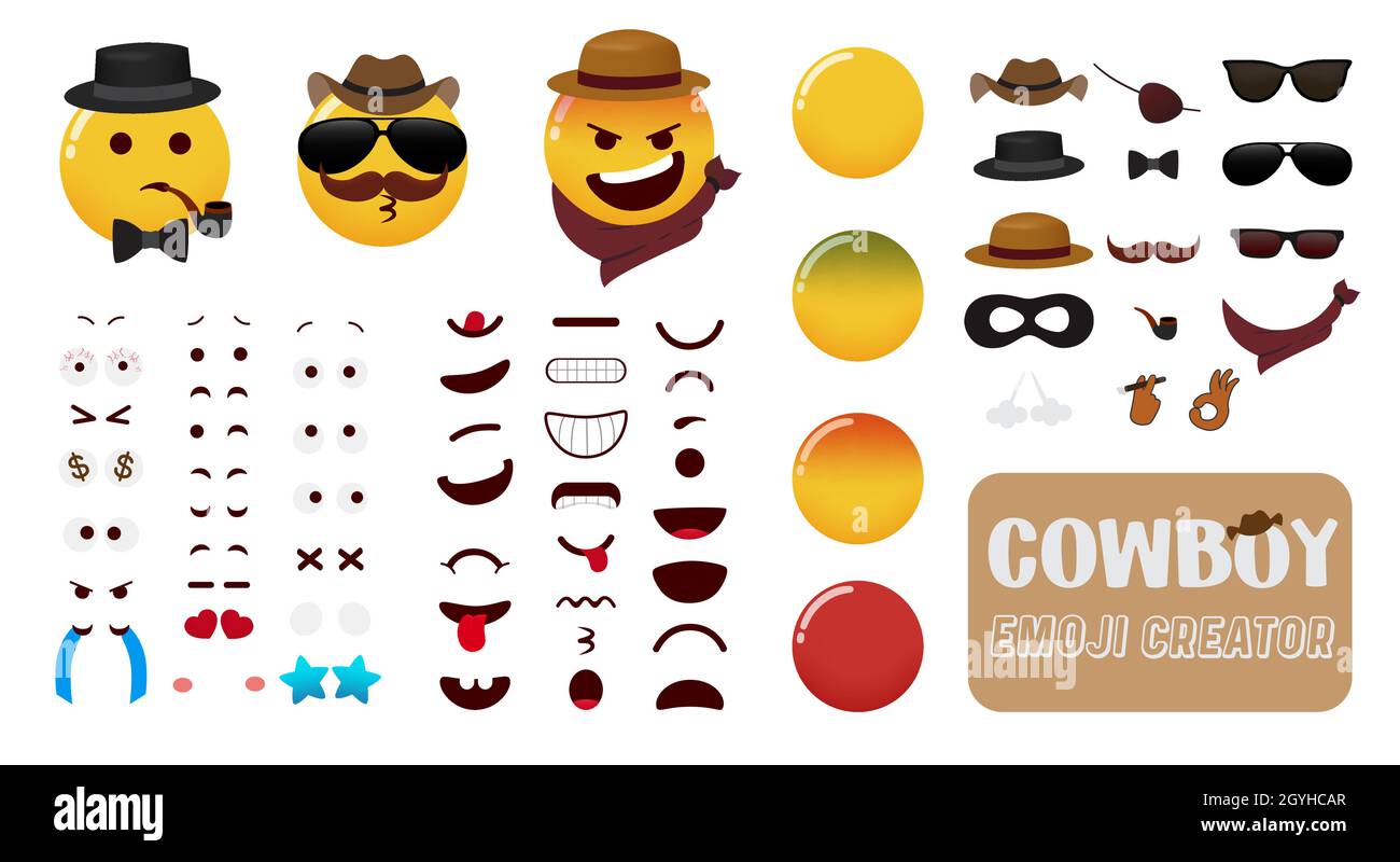 Kit de vector de creador de vaqueros emoji. Emoticono juego de personajes  de vaqueros editables con elementos de ojos, boca y vaquero para la  creación de rostros de emojis disfraces occidentales Imagen
