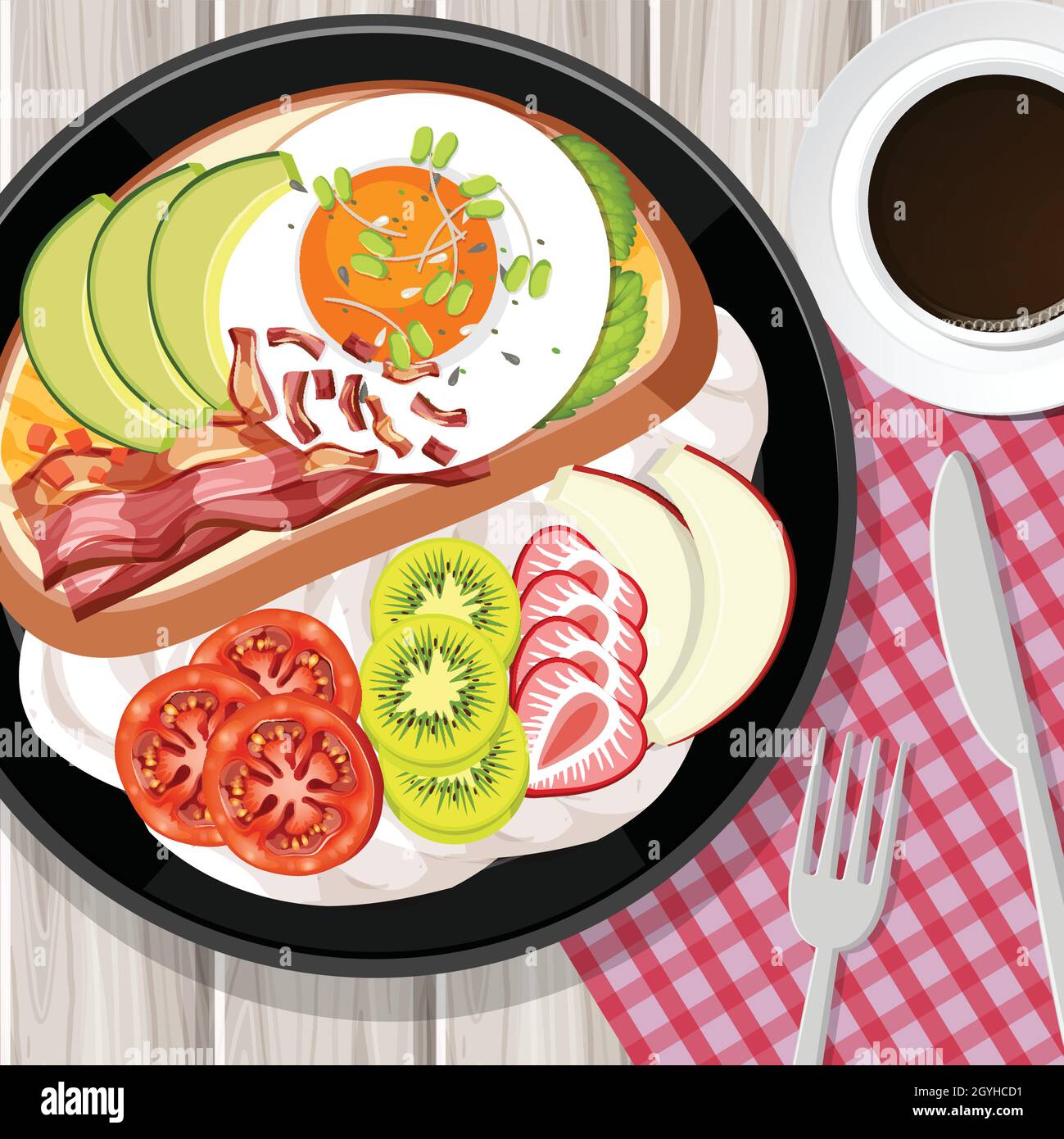 Vista superior de la comida del desayuno en estilo de dibujos animados en  la ilustración de la mesa Imagen Vector de stock - Alamy