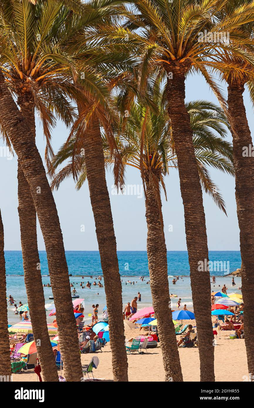 Verano en la costa mediterránea. Playa de Villajoyosa. Costa de Alicante, España Foto de stock