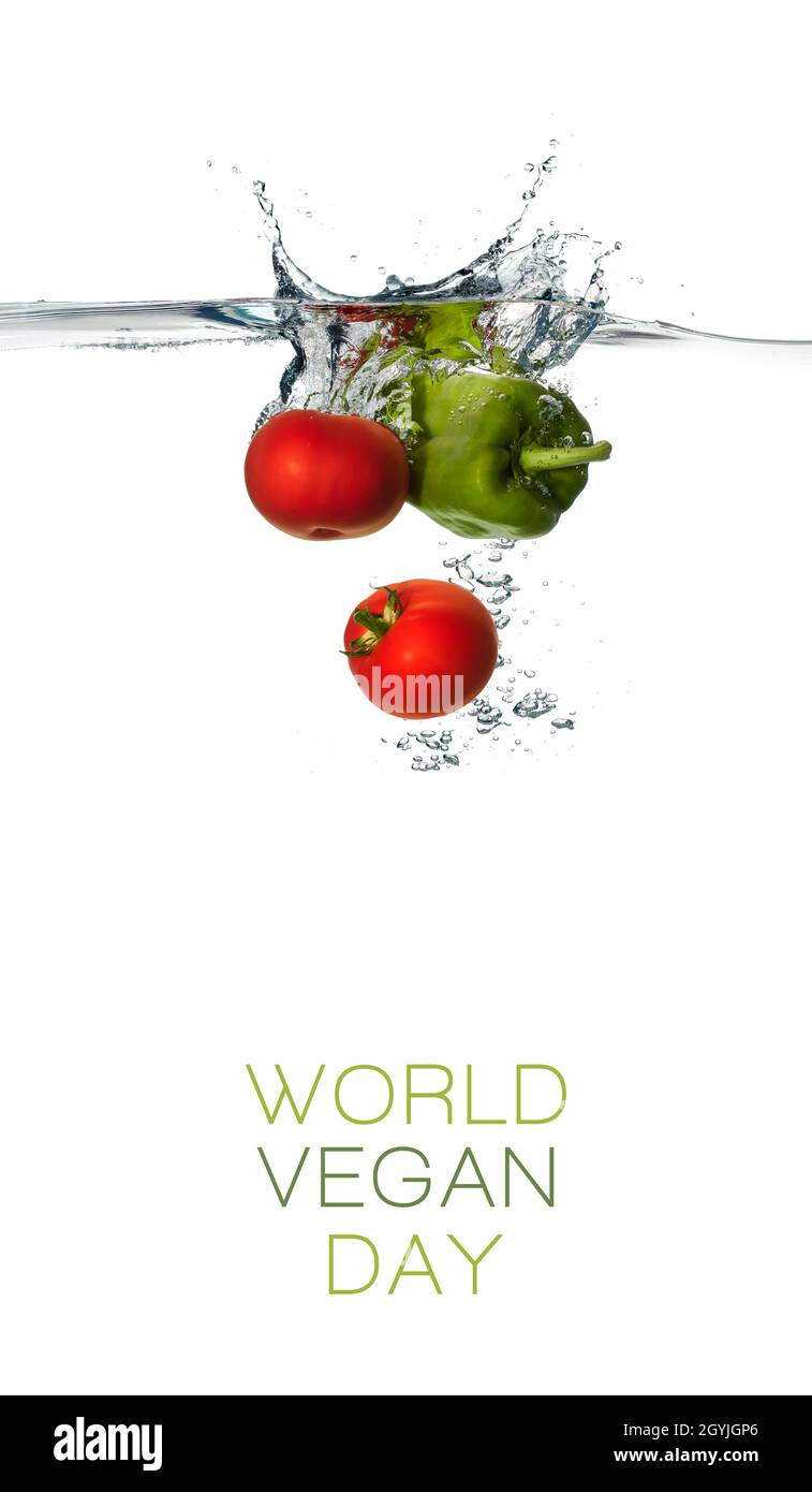 Diseño de póster del Día Mundial de los Veganos con tomate fresco y pimiento cayendo en agua clara aislada sobre fondo blanco en formato vertical. World food d Foto de stock
