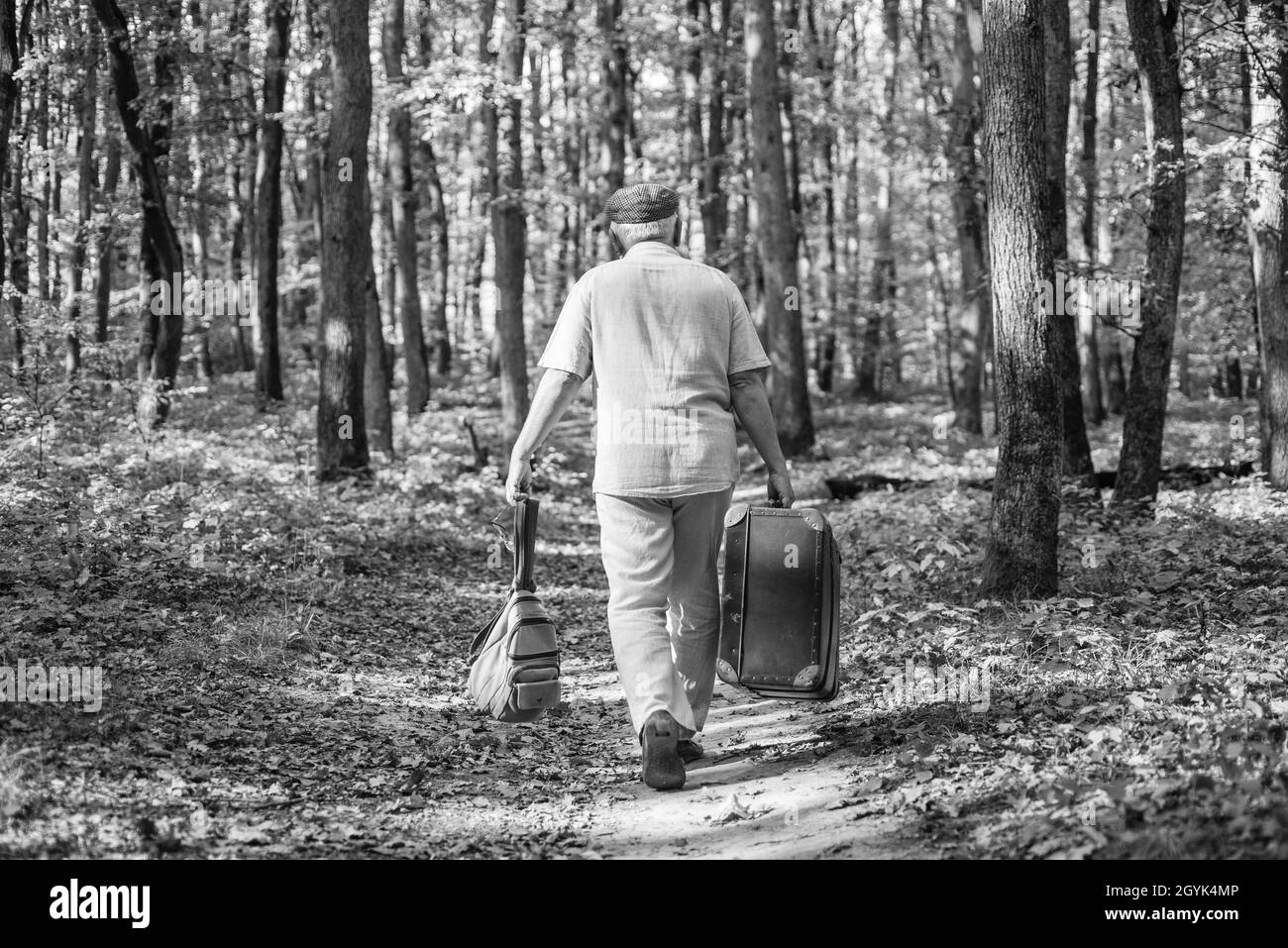 Viejo caminar con maleta. Concepto de jubilación. Viejo llevar bolsa de viaje en el bosque. Los ancianos viajan a través del bosque de otoño. Viaje de placer Foto de stock