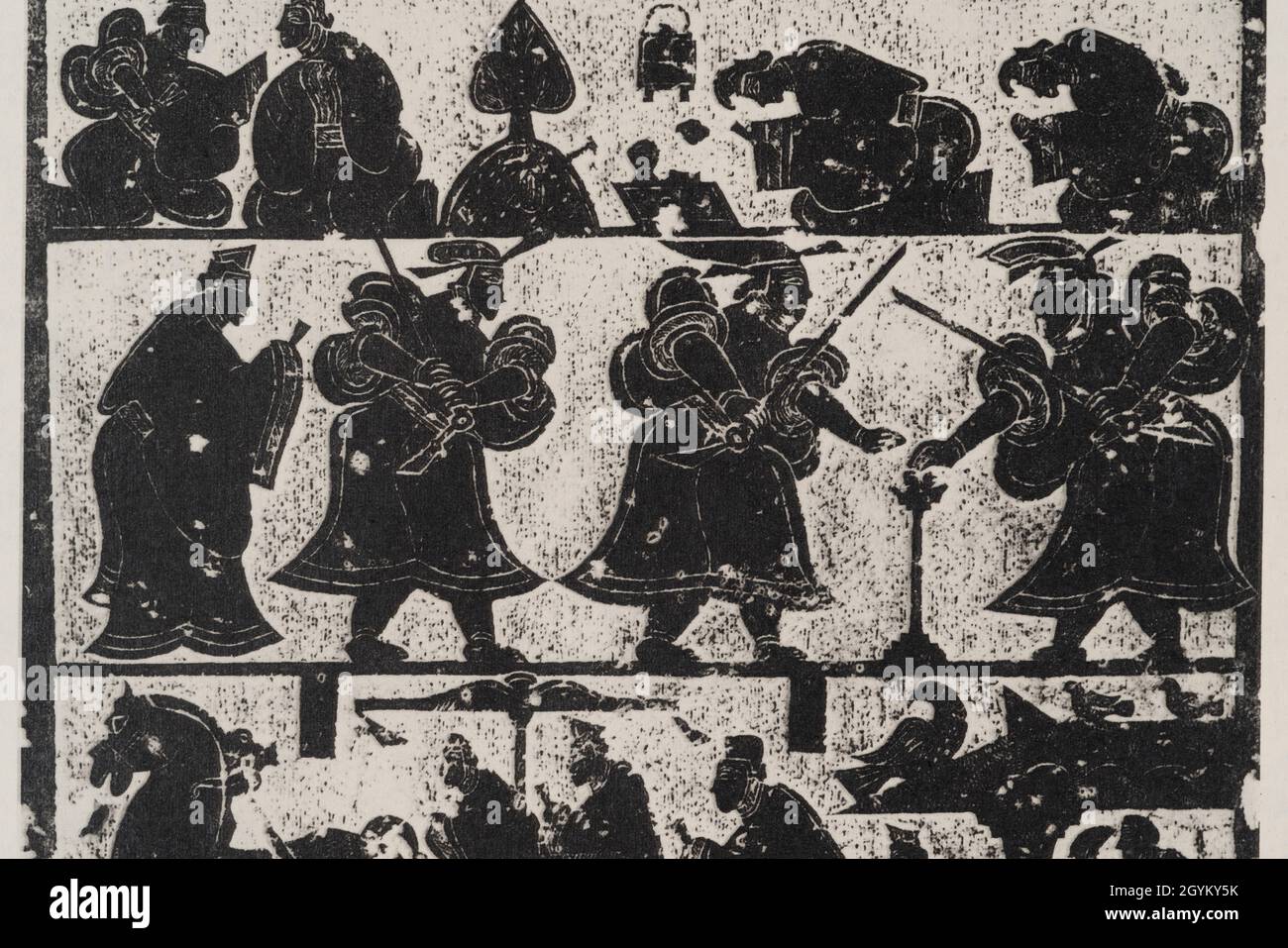 Retratos de piedra de la dinastía Han del condado de Jiaxiang, piedra de la provincia de Shandong No.3, escena de 'Dos Peaches Kill Tres Caballeros', Colección Privada de Ubicación Foto de stock