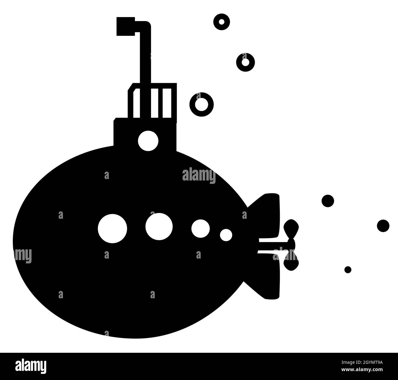 Submarino silueta pequeña contorno negro, ilustración vectorial, horizontal, sobre blanco, aislado Ilustración del Vector