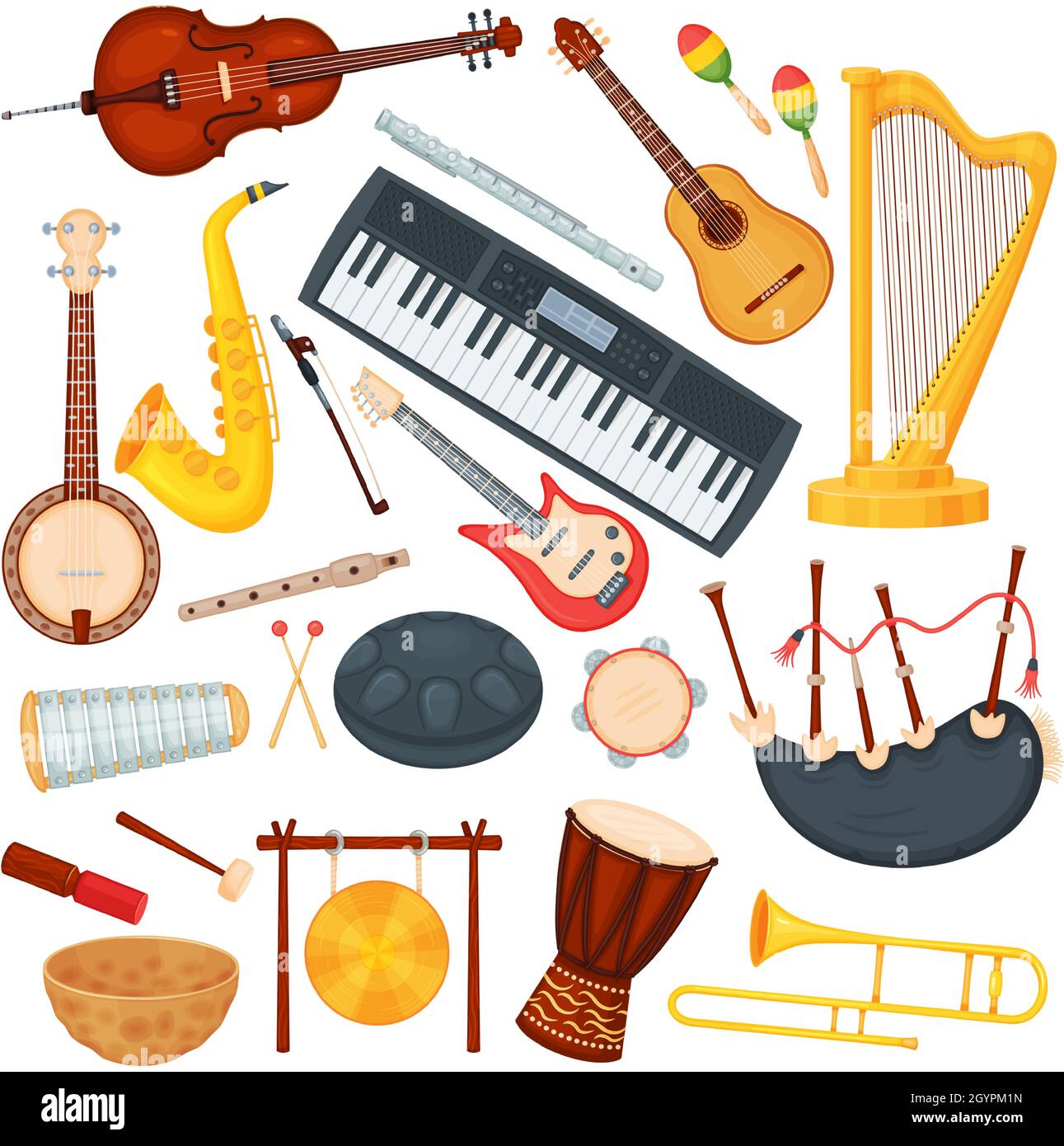 Instrumentos musicales de dibujos animados, elementos de música clásica de orquesta. Saxofón, trombón, arpa, bongo drum, guitarra acústica jazz instrumento vector set. Equipo para concierto o evento de espectáculo Ilustración del Vector
