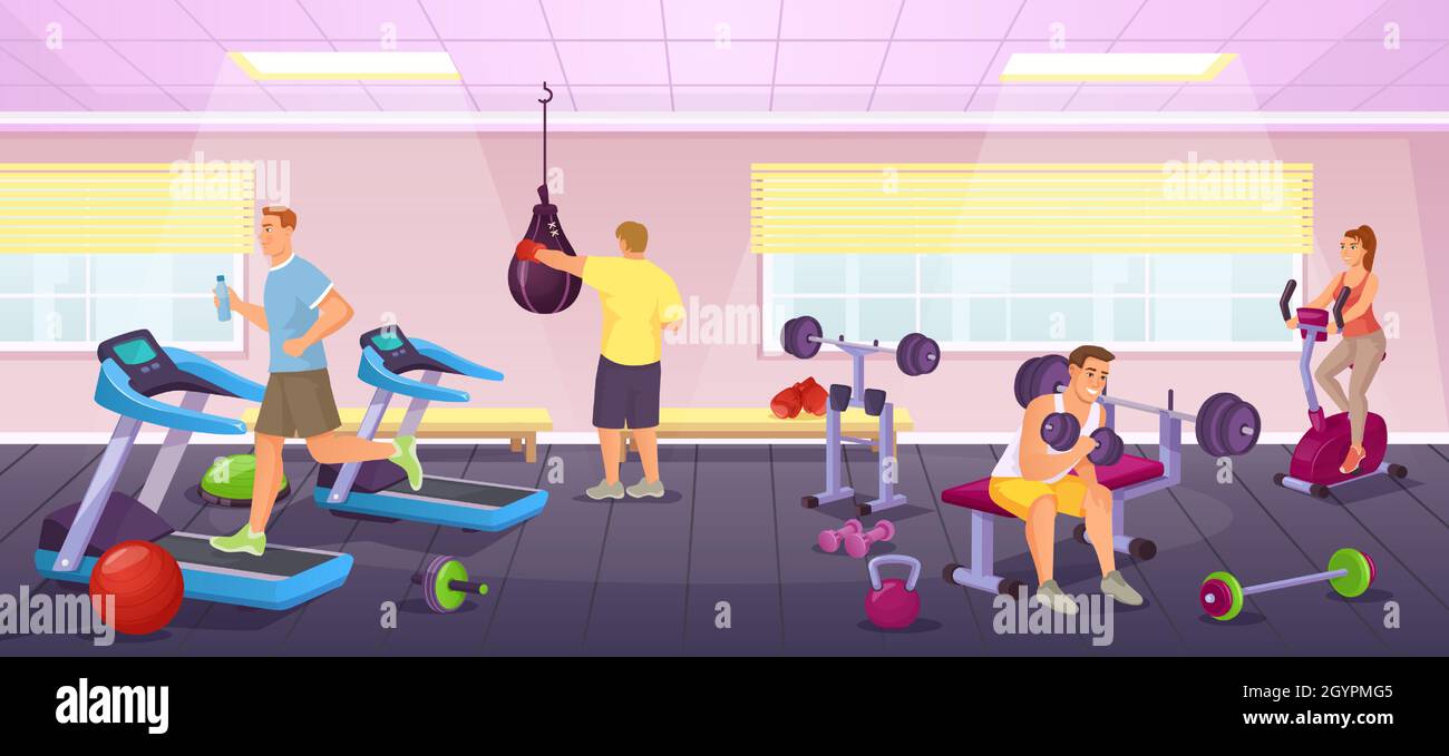 La gente hace ejercicio en el gimnasio deportivo, hace ejercicio con  equipos de gimnasia. Interior del club de entrenamiento de dibujos animados  con hombres y mujeres trabajando en la ilustración Vector. Los