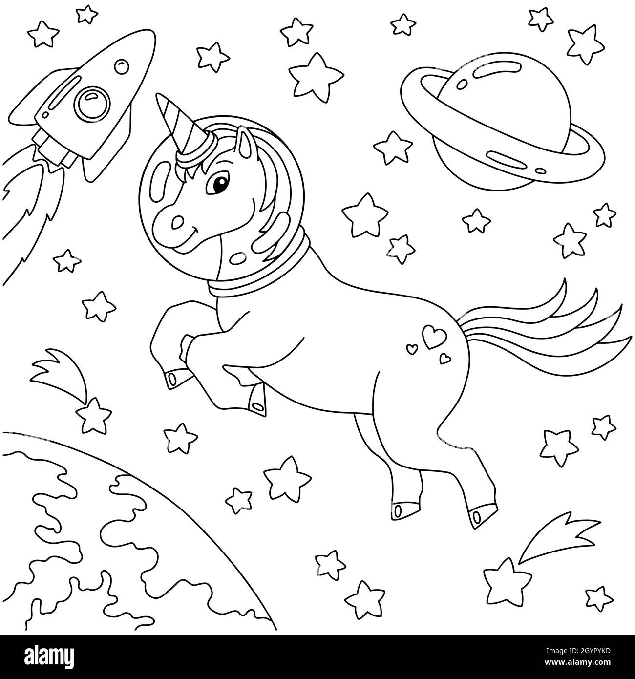 El astronauta unicornio viaja en el espacio exterior. Página de libro para  colorear para niños. Carácter de estilo de dibujos animados. Ilustración  vectorial aislada sobre fondo blanco Imagen Vector de stock -