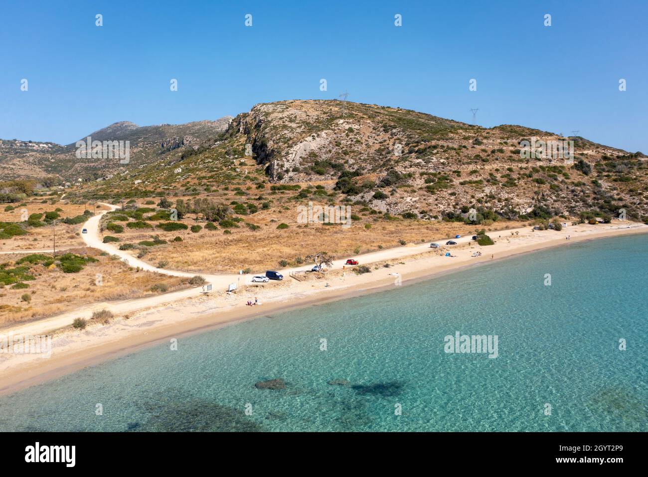 Vista aérea del paisaje de una playa (Paralia Katelios) en la costa sur de Kefalonia, Islas Jónicas, Grecia Foto de stock