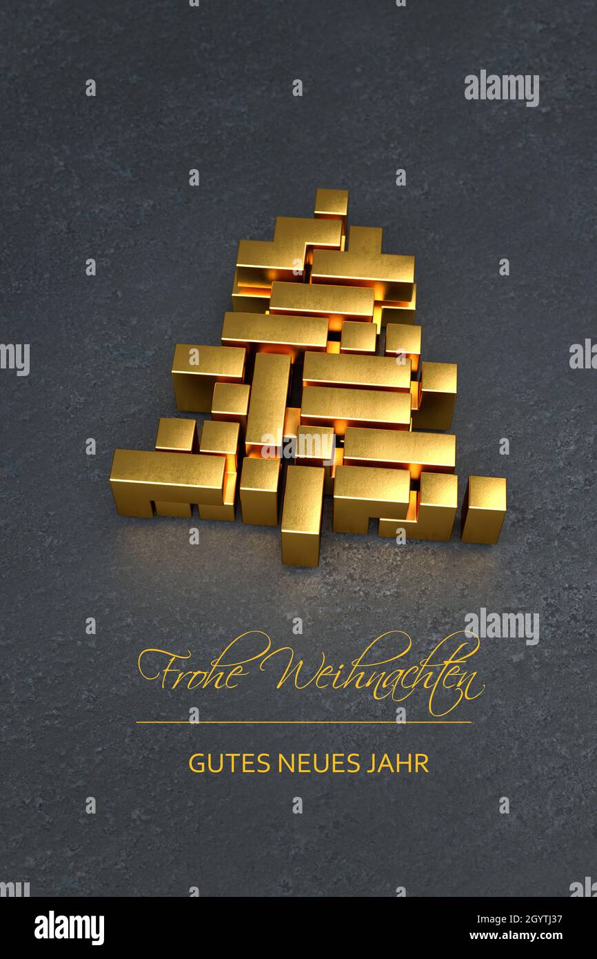 Árbol de Navidad hecho de bloques de estilo tetris dorado. Mensaje Alemán 'Frohe Weihnachten / Gutes neues Jahr' (Feliz Navidad / Feliz Año Nuevo) en el b Foto de stock