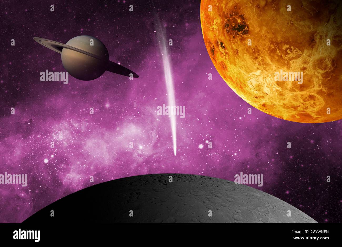 Ilustración de planetas y galaxia, papel pintado de ciencia ficción belleza del espacio profundo 3D render Foto de stock