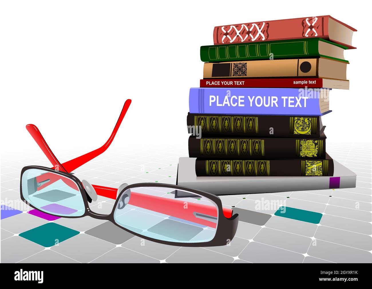 Regreso a la escuela. Pila de libros con gafas de imagen. ilustración de 3d  vectores Imagen Vector de stock - Alamy