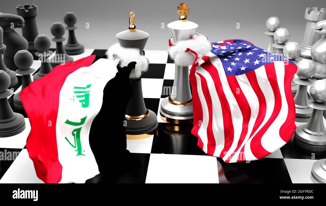 Irak USA Crisis, choque, conflicto y debate entre esos dos países que  apuntan a un acuerdo comercial o dominio simbolizado por un juego de  ajedrez con nata Fotografía de stock - Alamy
