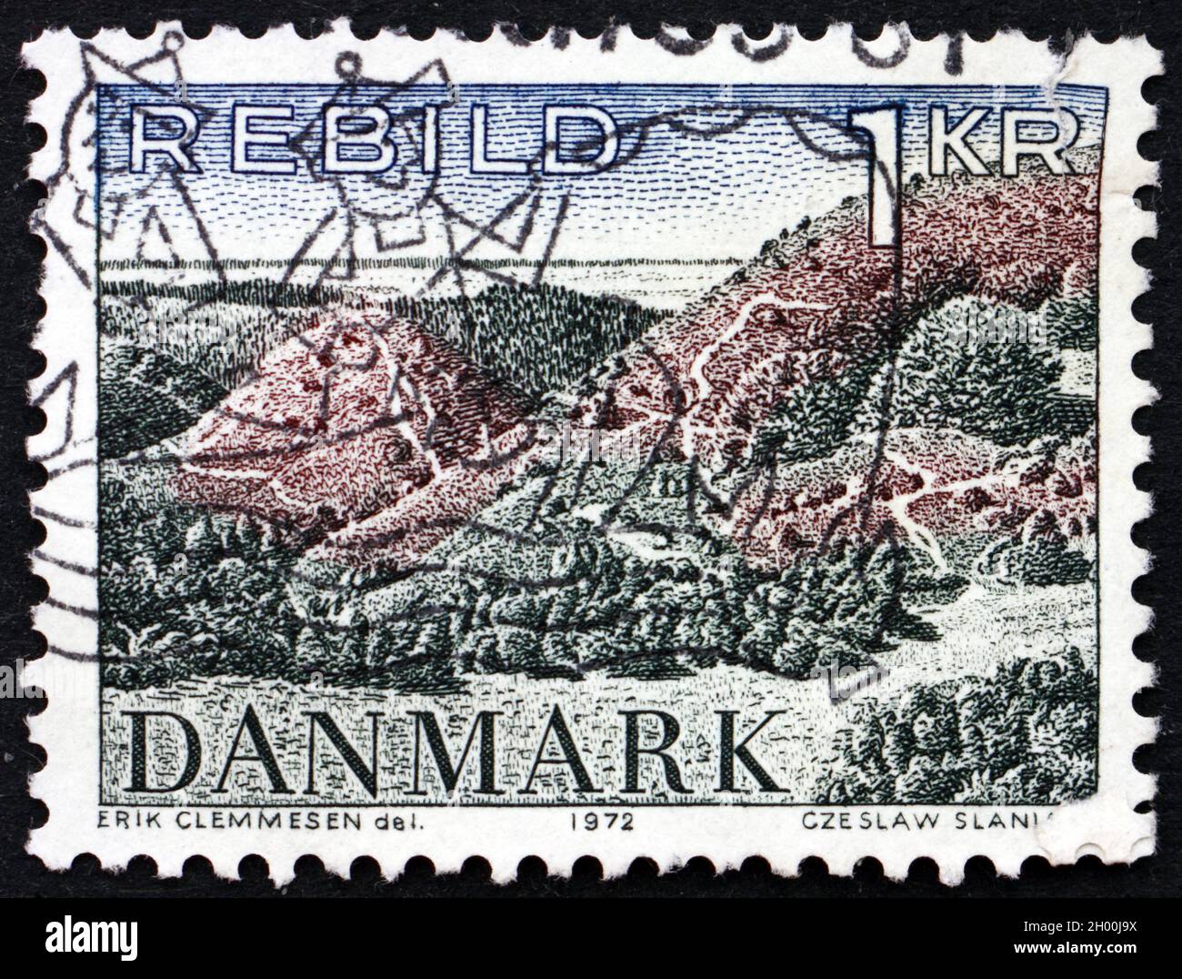 DINAMARCA - ALREDEDOR de 1972: Un sello impreso en Dinamarca muestra Rebild Hills, Parque Nacional de Rebild, alrededor de 1972 Foto de stock