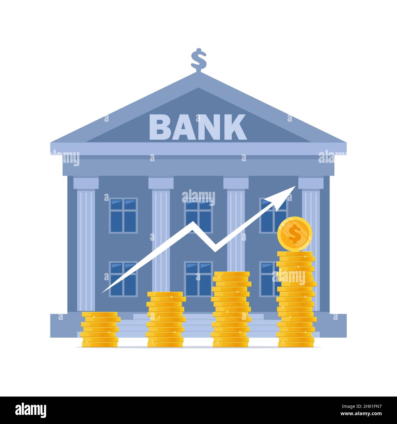 Construcción bancaria y dinero, financiamiento bancario, cambio de moneda, servicios financieros. Crecimiento financiero, ahorro de dinero y concepto de inversión. Pila de oro brillante Ilustración del Vector