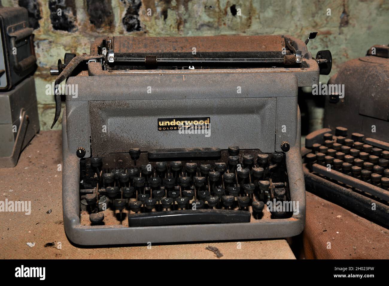 Máquina de escribir Old Underwood en exposición en el Arkansas Railroad Museum, Pine Bluff, Arkansas. Foto de stock