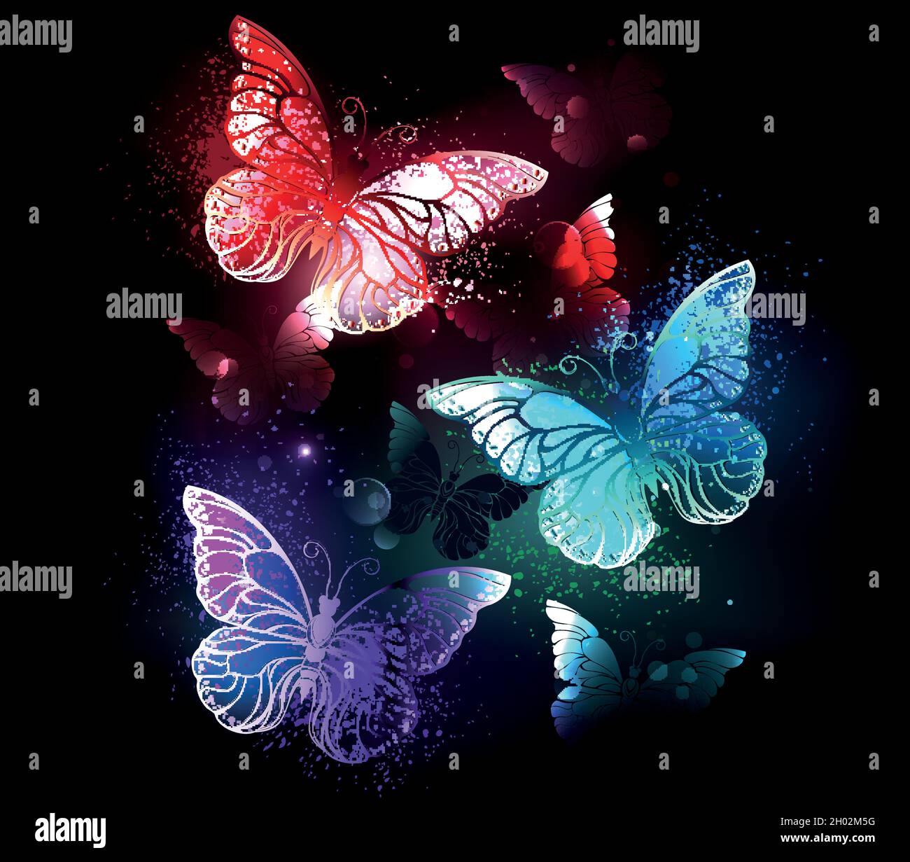 Tres luminosos, rojo, púrpura, verde, texturizados, mariposas nocturnas sobre fondo negro luminoso. Ilustración del Vector