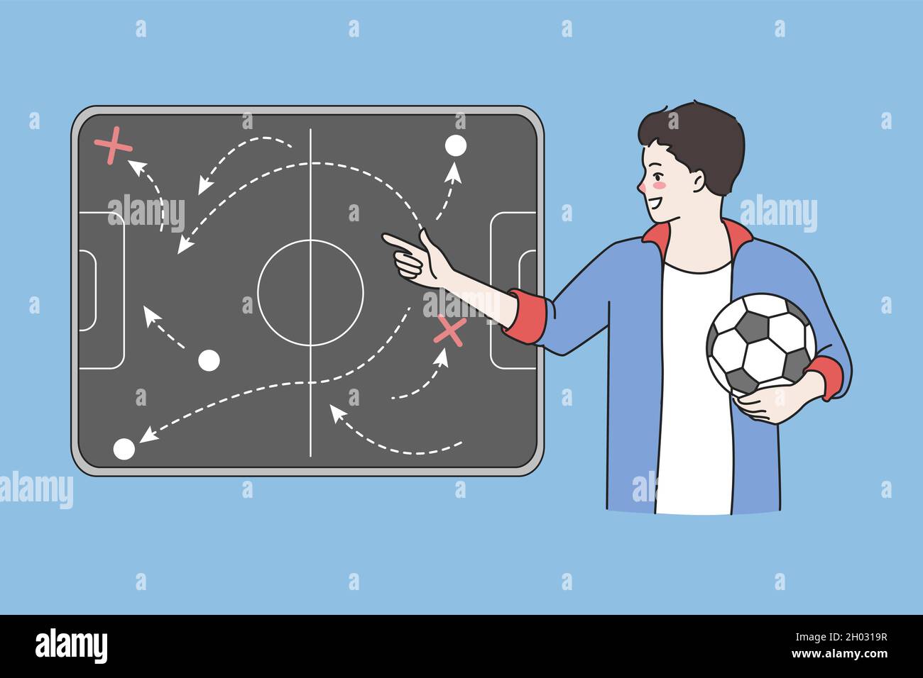 Entrenador de fútbol Haga un plan de juego de demostración de instrucciones  a bordo para los jugadores. El instructor o el instructor entrenan al  equipo antes del partido. Fútbol, deporte, campo de