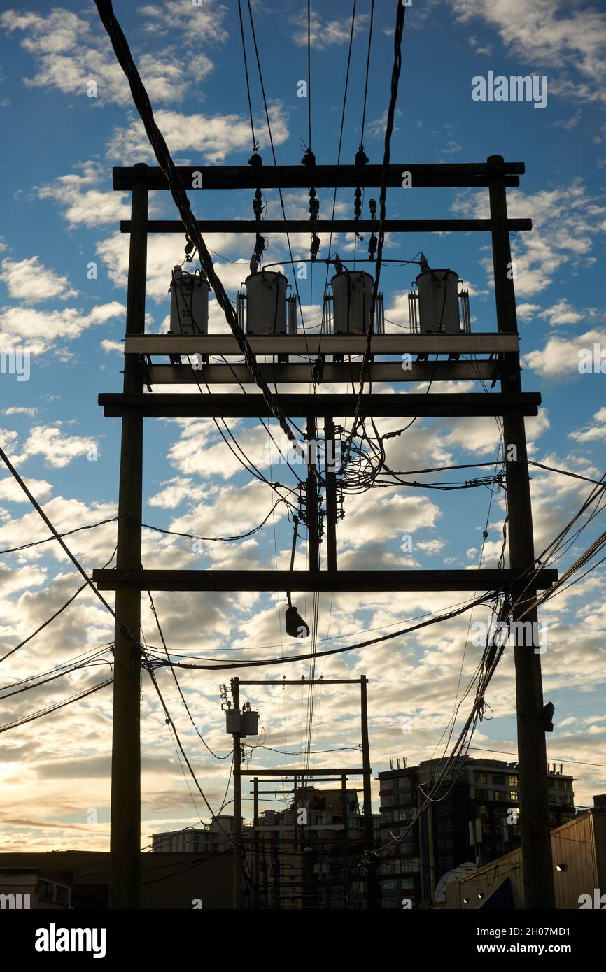 Fila de transformadores de distribución eléctrica montados en un bastidor H de postes de madera al atardecer, nubes altocumulus en el fondo Foto de stock