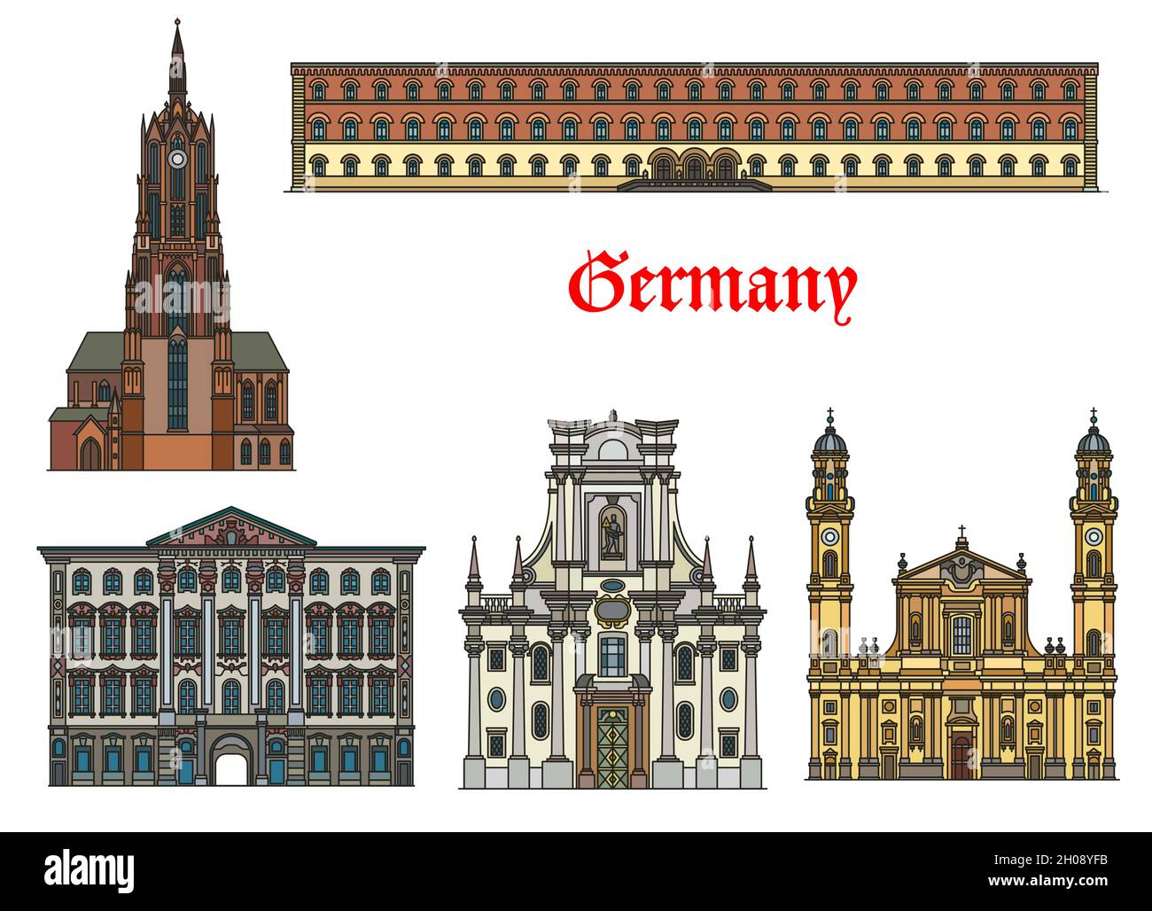 Alemania, Munich edificios de arquitectura y puntos de interés turístico, vector. Palacio de