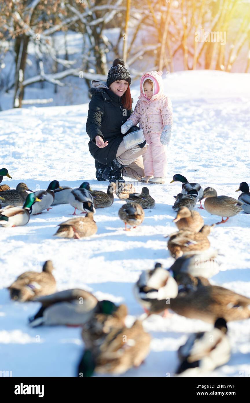Feliz familia vacaciones de invierno tema. Madre con hija alimentar a los patos Foto de stock