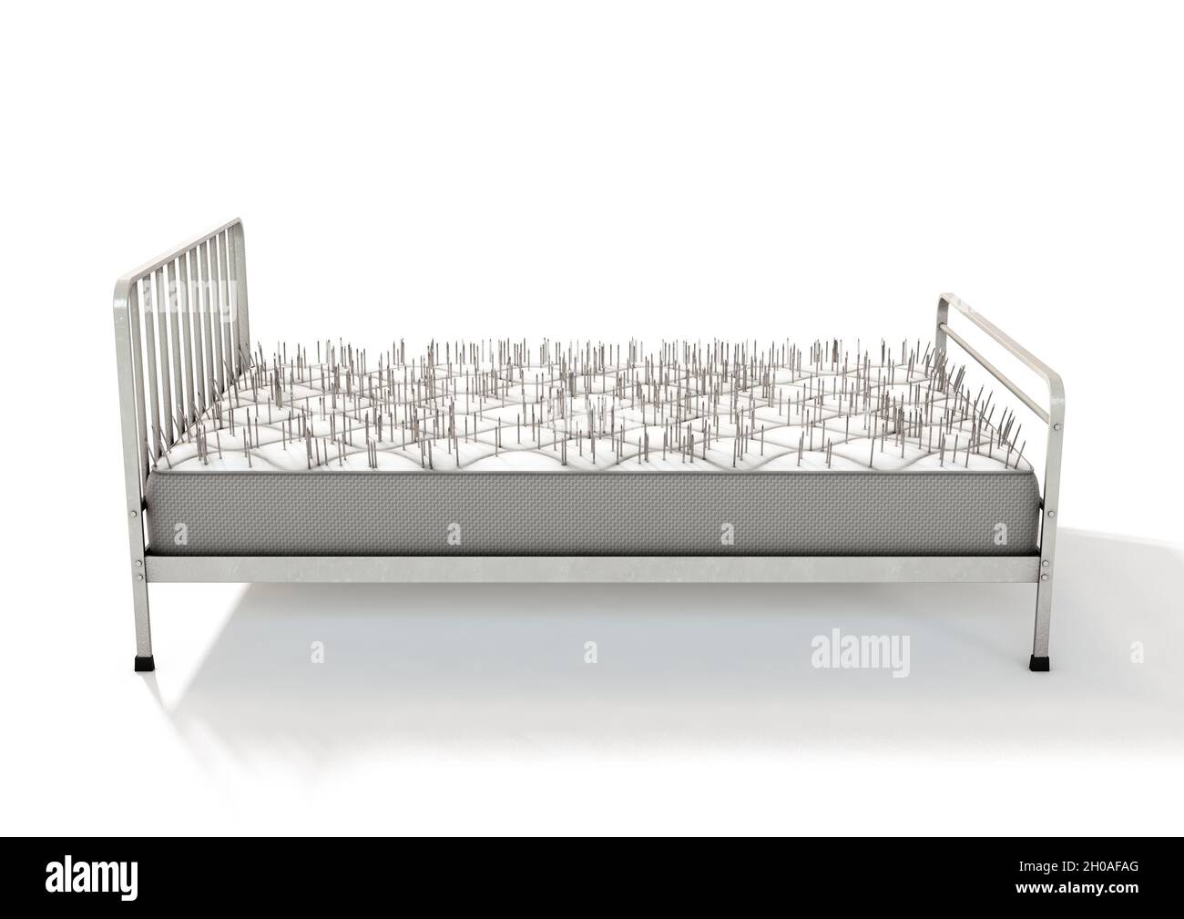 Una metáfora literal que muestra una cama de metal enmarcada con un colchón  cubierto de clavos sobre un fondo de estudio blanco aislado - 3D render  Fotografía de stock - Alamy