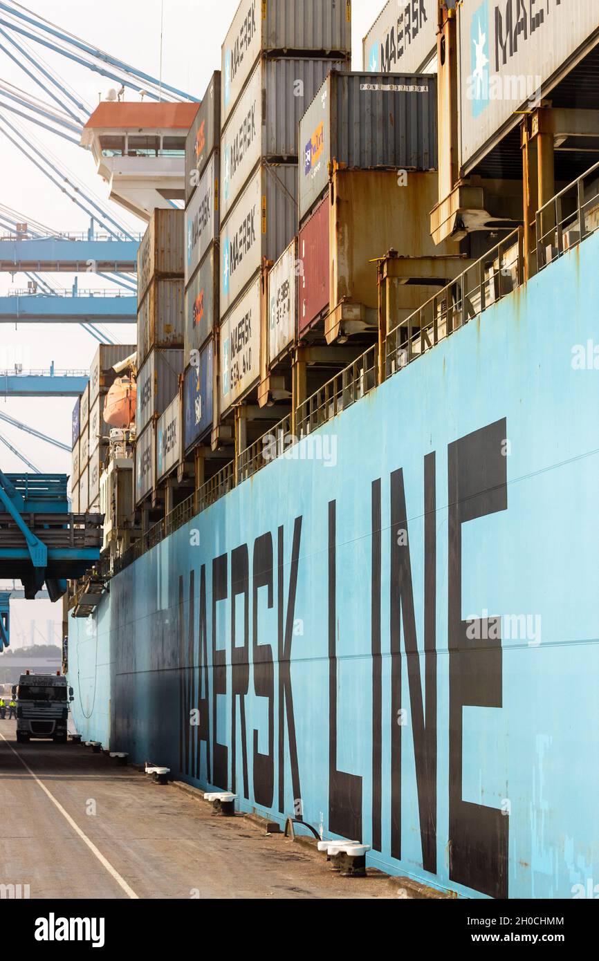 Maersk Line, buque contenedor atracado en el Puerto de Rotterdam, países Bajos, 6 de septiembre de 2013. Foto de stock
