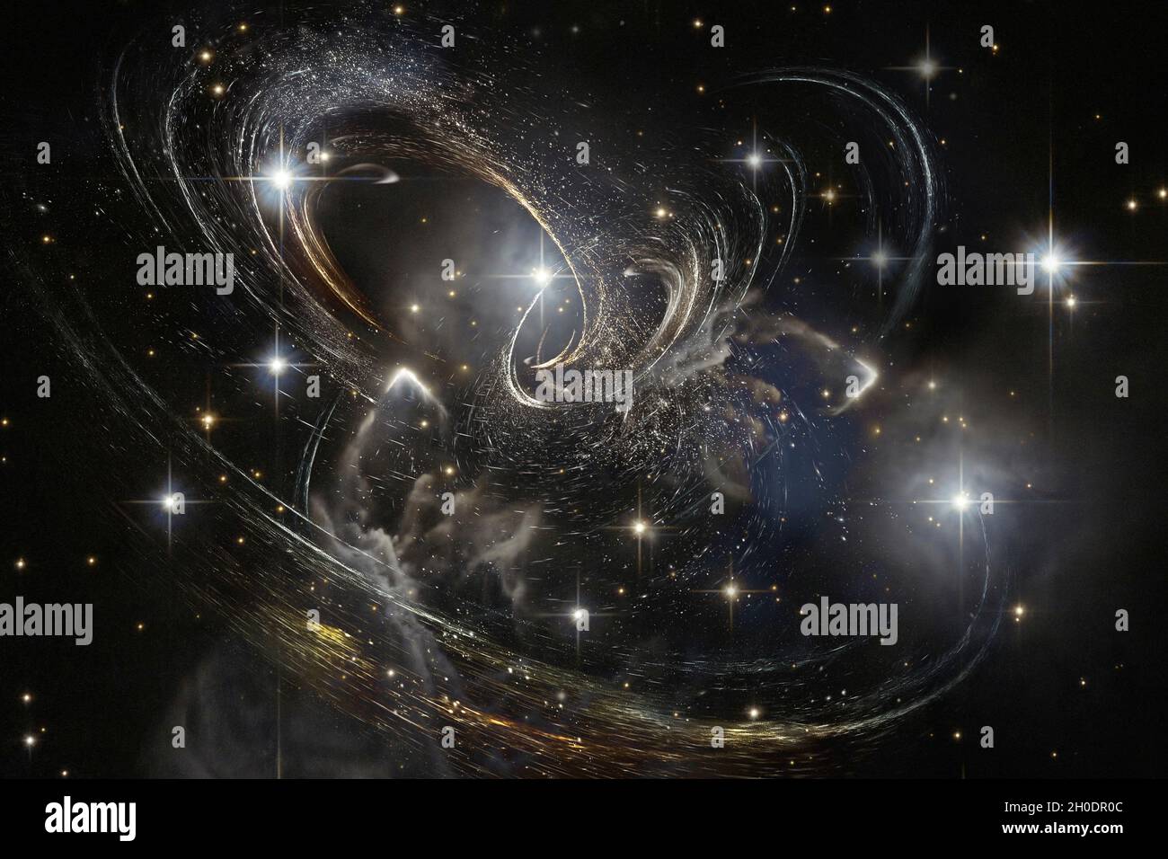 Gravedad ondas de ciencia ficción abstracto fondo con entrelazado espiral galácticos y estrellas. Elementos de esta imagen proporcionados por la NASA. Foto de stock
