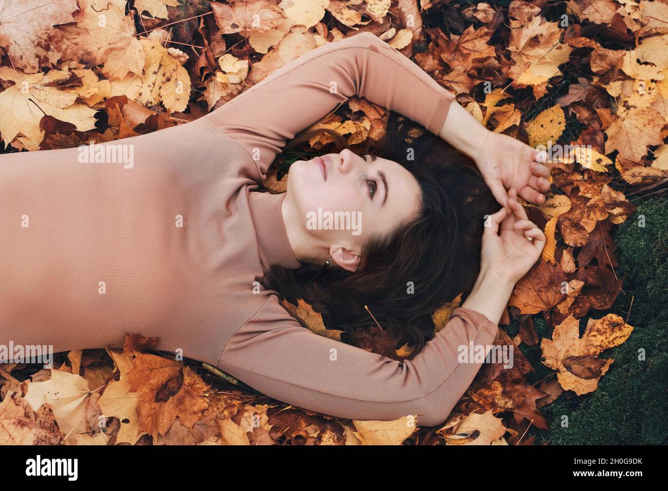Atractiva mujer morena joven tumbada en hojas amarillas de otoño al aire  libre. Chica con hojas. Vista desde arriba, en el parque de otoño  Fotografía de stock - Alamy
