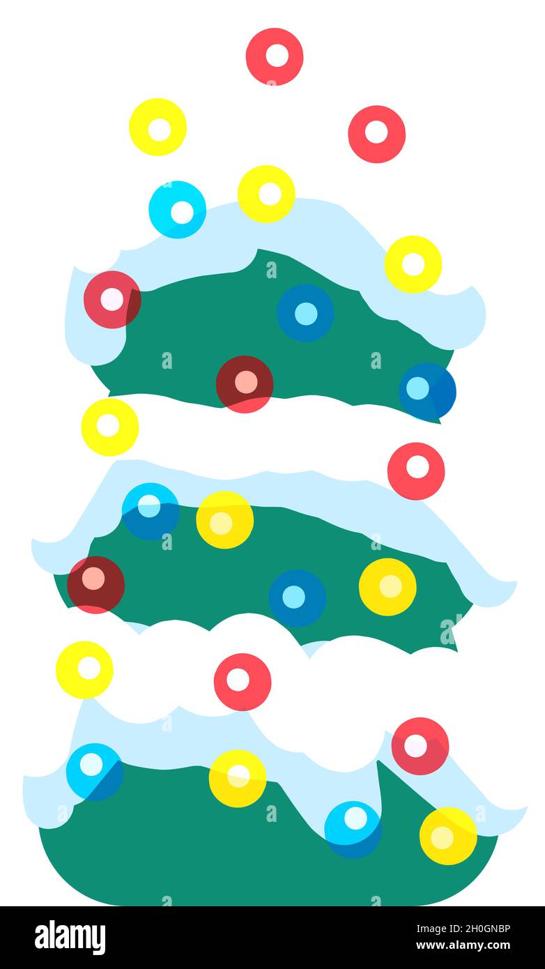 árbol de navidad cubierto de nieve decorado con elementos planos de estilo guirnalda brillante Ilustración del Vector