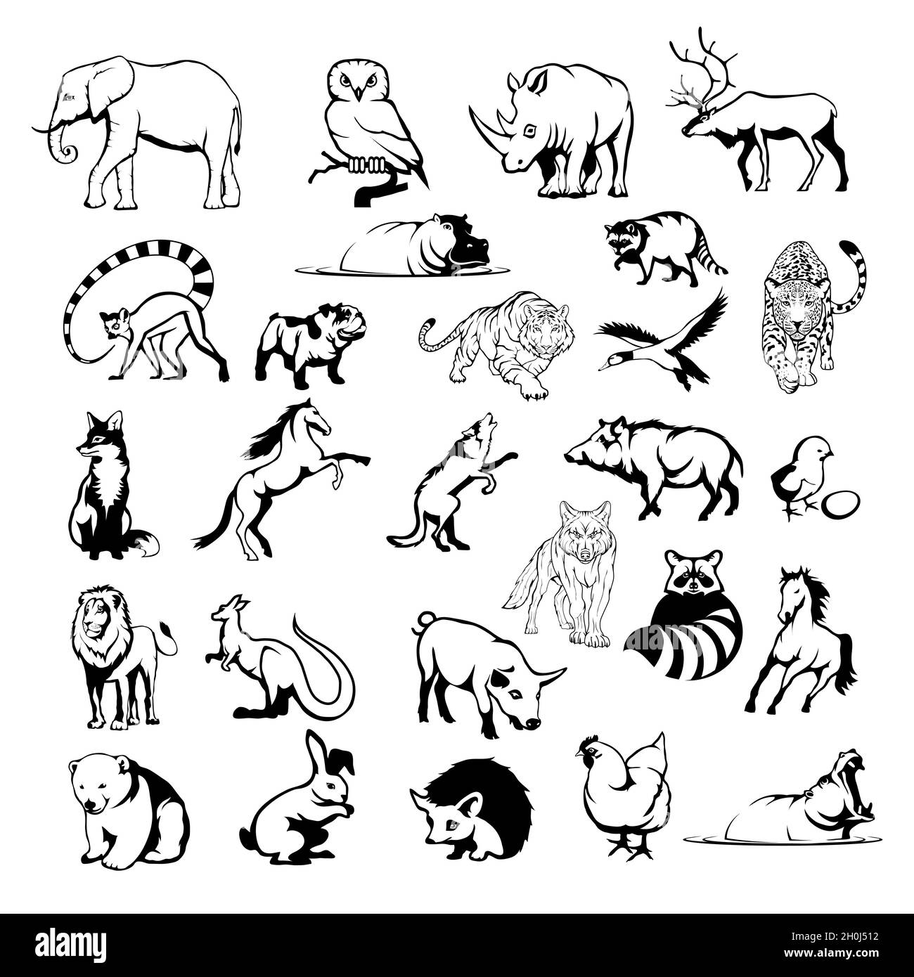 logotipo de los animales, carnívoros peligrosos, varios animales para su  logotipo, conjunto de diferentes animales domésticos y silvestres del  bosque, cabeza de los animales, diseño plano, vecto Imagen Vector de stock -