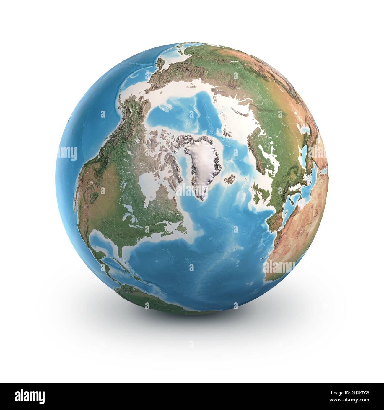 Planeta Tierra globo, aislado sobre blanco. Geografía del mundo desde el espacio, centrada en el Polo Norte y Groenlandia. Elementos proporcionados por la NASA Foto de stock
