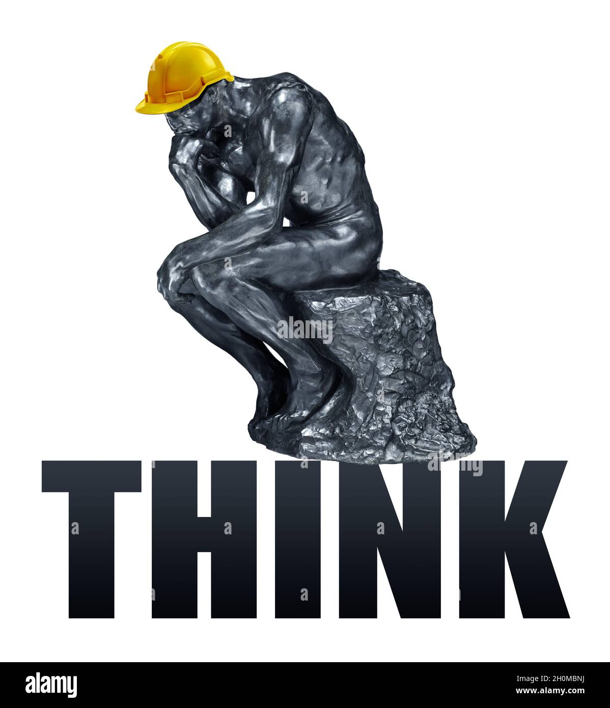 El Pensador de Rodin con un casco de trabajo e inscripción pensar Foto de stock