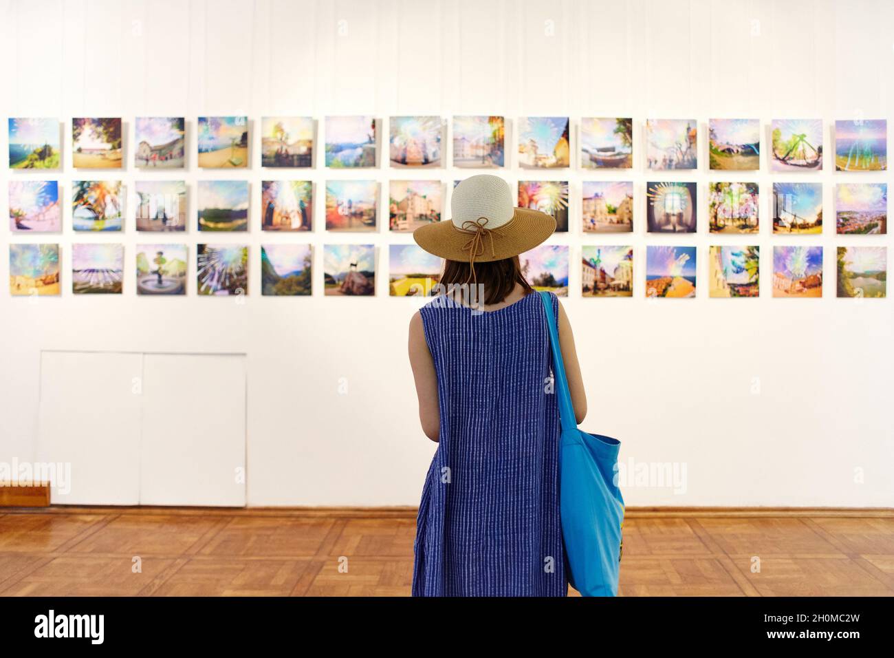 Señora mirando una exposición de arte en la galería de arte. Vista  posterior de una mujer con un sombrero con un vestido azul Fotografía de  stock - Alamy