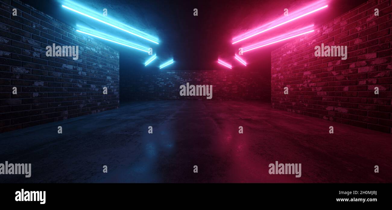 Neón Retro Túnel Corredor Túnel de ladrillo y hormigón Corredor Basement Club Láser Vigas Fluorescente Azul Luces Noche Cyber Virtual Hangar Show Foto de stock