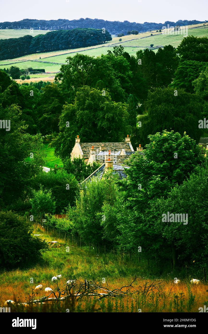 Tejados de casas en el pueblo de la peste de Eyam, Peak District National Park, Derbyshire, Inglaterra Foto de stock