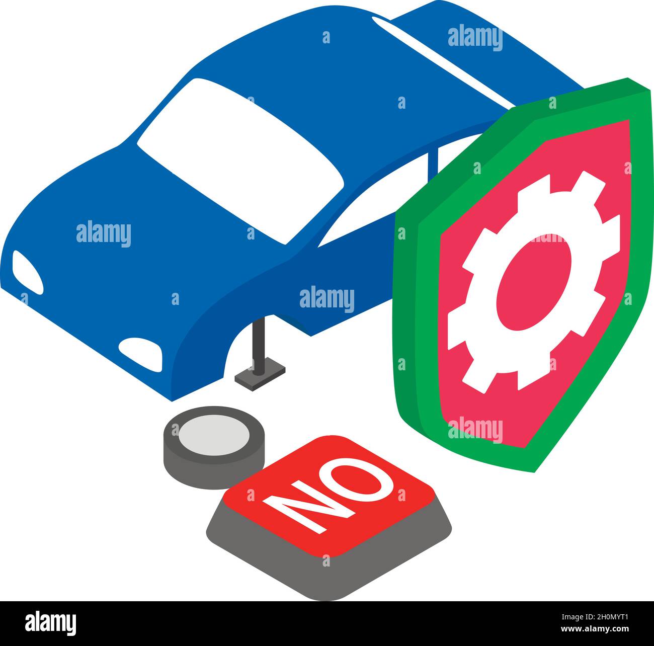 Vector isométrico del icono del seguro de vehículos. N.o de coche, gato, rueda, protección y botón Concepto de registro de vehículos aplastados, seguros y protección Ilustración del Vector