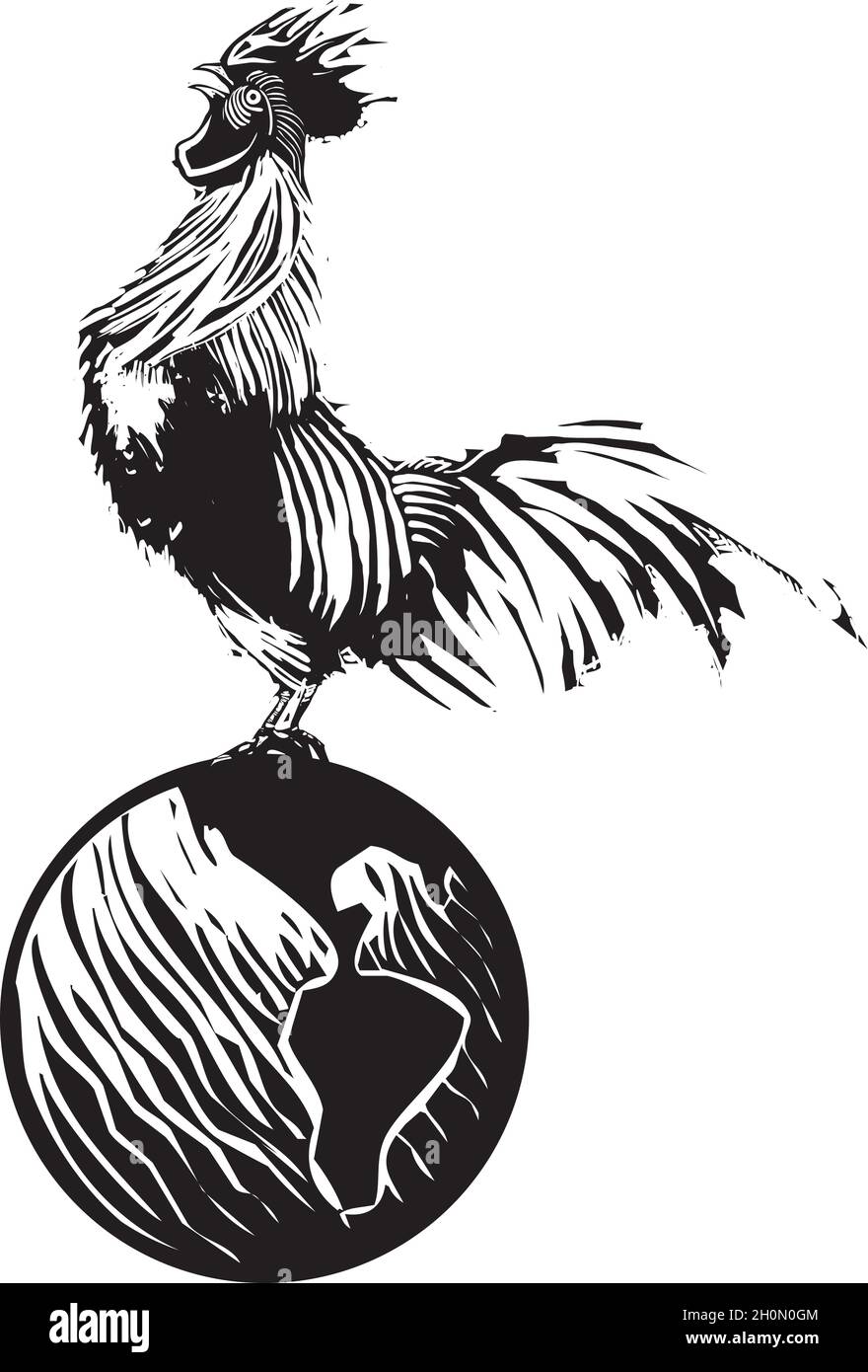 Croquizado de gallos de granja de madera por la mañana Ilustración del Vector